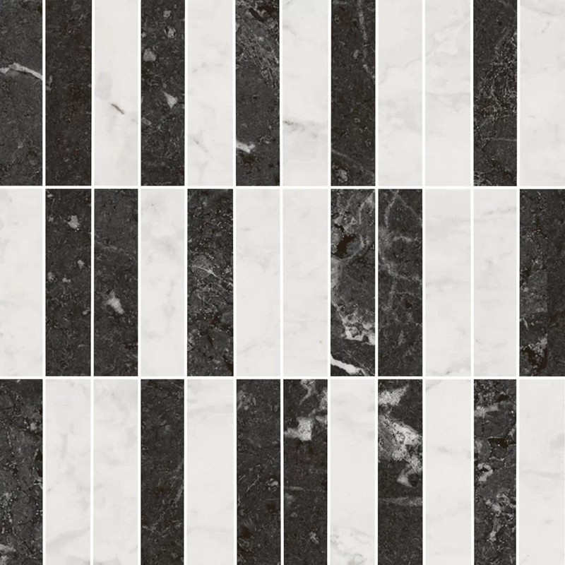 KMD2MSA003BR Тубкаль мозаичный микс чёрный белый глянцевый обрезной 30x30x0,9 декор